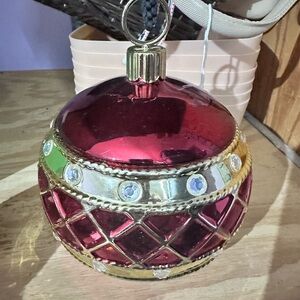 Vintage TELEFLORA  Red/Gold Christmas Ornament Candy Cookie Lidded Jar